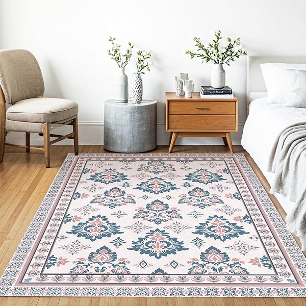 LIVCOZ WASHABLE AREA RUG 5X7 FT, VINTAGE BOHO ELEGANT SOFT NON SLIP LARGE RUGS INDOOR HOME DECOR, LOW-PROFILE FARMHOUSE ENTRYWAY FLOOR CARPET LIVING ROOM BEDROOM KITCHEN DINING ROOM DECORATION