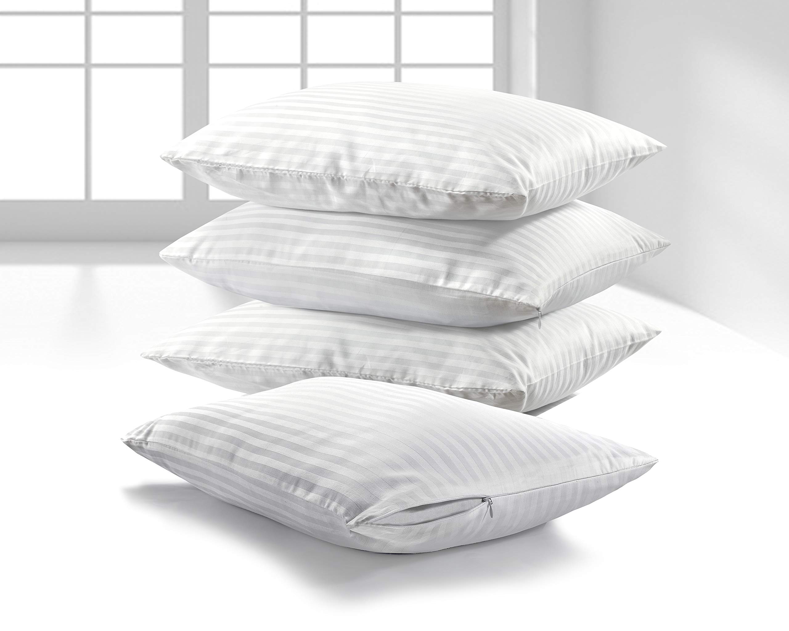 K&A® Pillow Protectors 4 Pack - 100% Brushed Microfiber Hotel Quality Soft Satin Stripe Zipped Pillow Covers - Hypoallergenic, Anti Allergy, Anti Dust Mite & Breathable Pillow Cases - White (48x74cm)