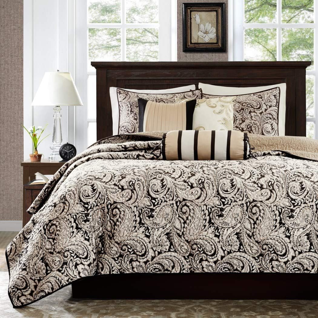 6 Piece Black White Paisley Coverlet King/Cal King Set, Damask Floral Sleek Trendy Flower Pattern Theme Bedding French Country Flowers Motif Shabby Chic Gold Platinum Color Print Quilted, Polyester