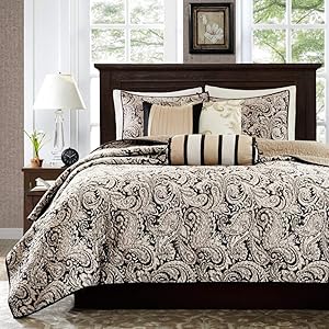 6 Piece Black White Paisley Coverlet King/Cal King Set, Damask Floral Sleek Trendy Flower Pattern Theme Bedding French Country Flowers Motif Shabby Chic Gold Platinum Color Print Quilted, Polyester