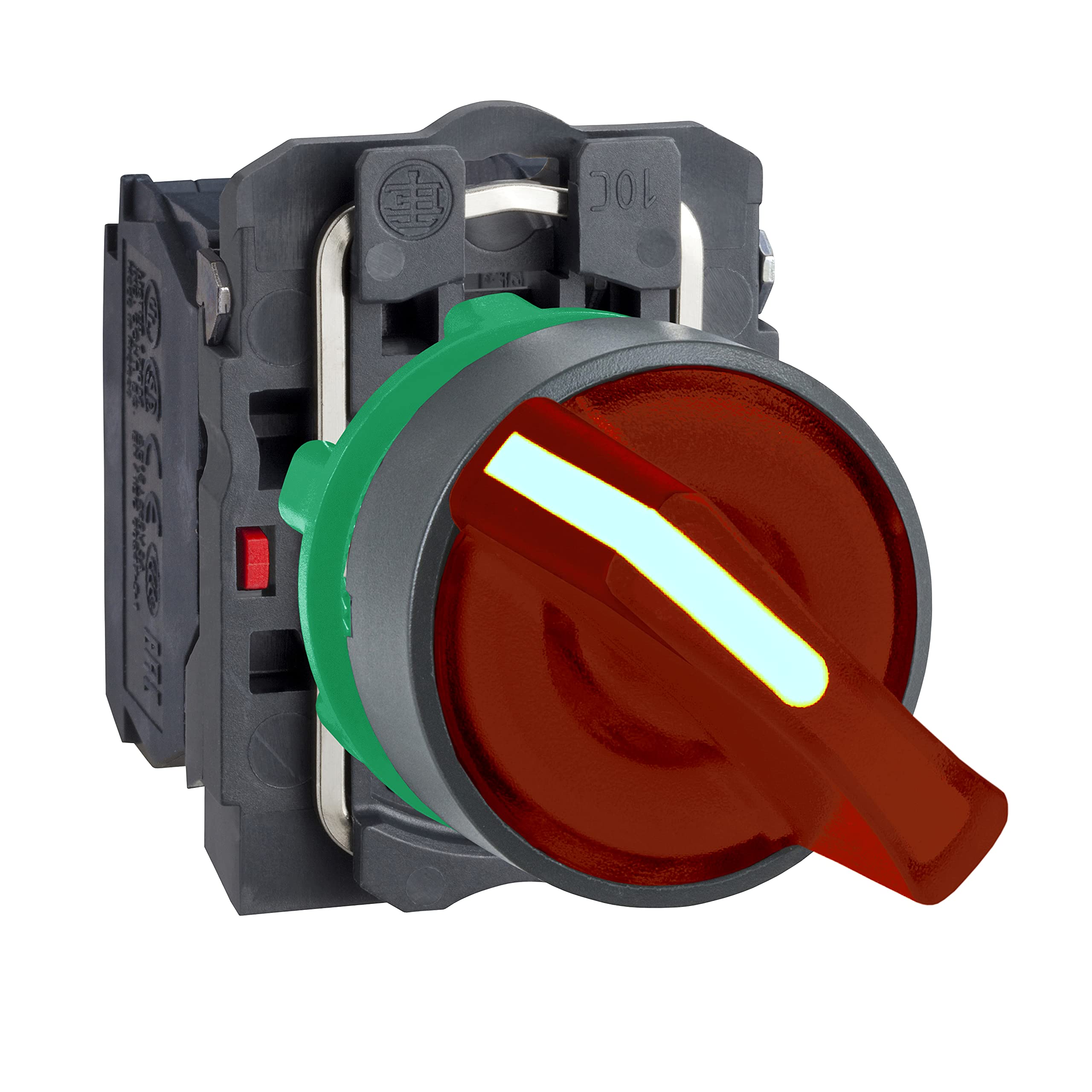 Schneider Electric Illuminated selector switch, Harmony XB5, grey plastic, red handle, 22mm, universal LED, 2 positions, 1NO + 1NC, 230...240V AC