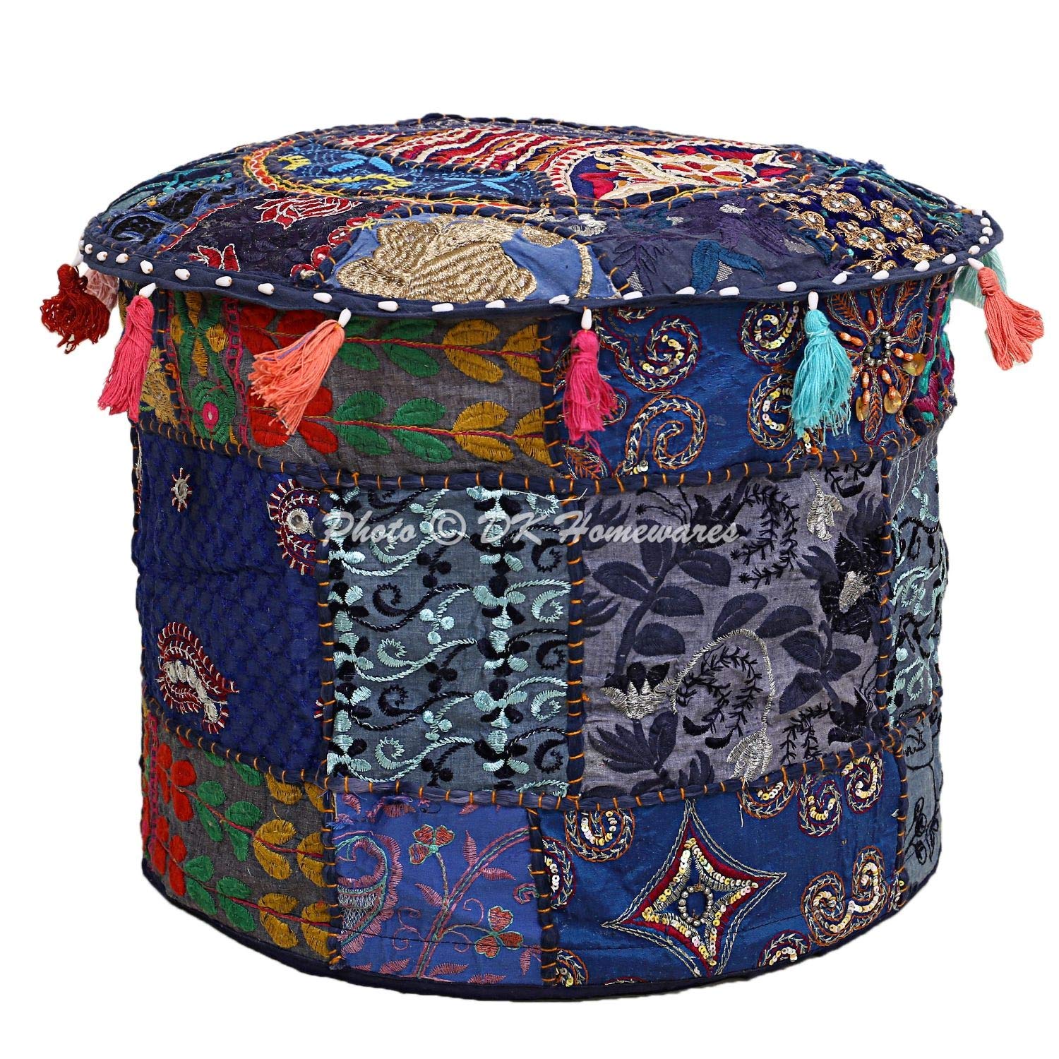 DK Homewares Indian Ethnic Patchwork Hassock Dark Blue Pouffe Footstool Cover Home Decor Geometric Seating Floral Cotton Foot Stool Ottoman Pouffe Cover (18X18X13 Inches / 45 Cm)