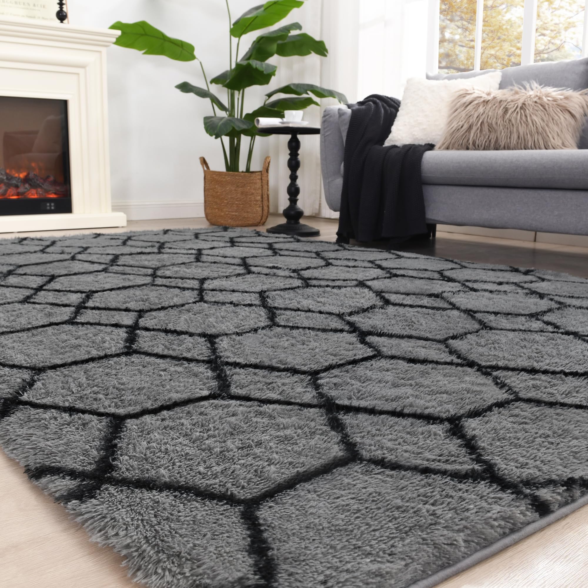 Photo 1 of ARKIIKI Fluffy Rug for Bedroom Living Room, 4x6 Grey and Black Soft Area Rug, Machine Washable Shag Geometric Fuzzy Kids Non Slip Carpet Home Decor Aesthetic, Plush Floor Mat for Nursery Teen Dorm