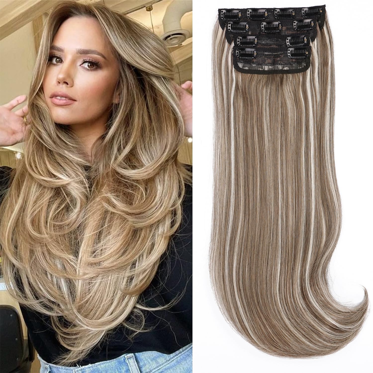 Mscat Clip in Hair Extensions - 20 Inch Synthetic Thick Long Straight Layered Invisible Lace Weft for Women (8H24#)