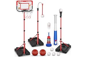 BEAUWOW 4 in 1 Kids Basketball Hoop and T-Ball Set - Adjustable Hanging T-Ball Stand with Automatic Pitching Machine, Indoor Outdoor Sports Toys, Christmas Birthday Gifts for Boys Girls Ages 3-8