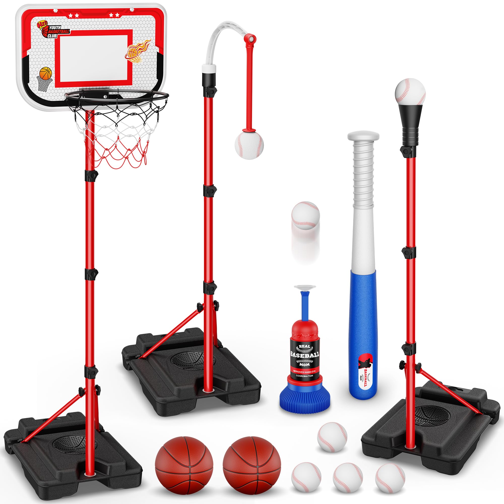 Photo 1 of 4 in 1 Kids Basketball Hoop and T-Ball Set - Adjustable Hanging T-Ball Stand with Automatic Pitching Machine, Indoor Outdoor Sports Toys, Christmas Birthday Gifts for Boys Girls Ages 3-8