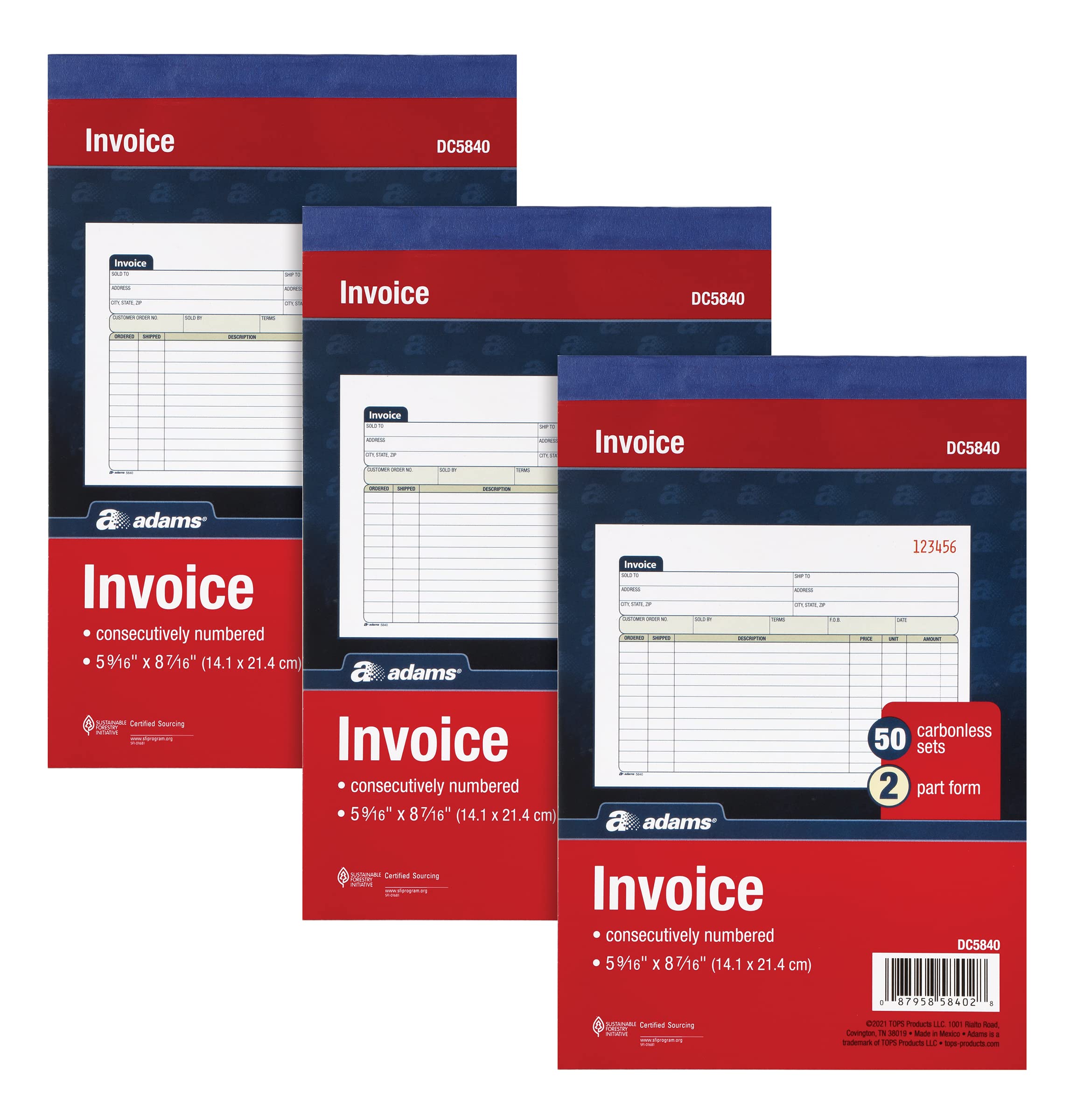 Adams Invoice Book 3 Pack, 2 Part Carbonless Invoices, Horizontal Sales Slip, 5-9/16 x 8-7/16 Inches, 50 Sets per Book (DC5840-3)