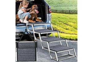 JOYRALLY Dog Ramp for Car, Extra Wide Dog Car Stair for Large Dogs, Pet Steps Lightweight Aluminum Foldable Dog Steps for Cars and SUV,High Beds, Trucks, Supports up to 200 lbs (Extra Wide-4 Steps with Rug)