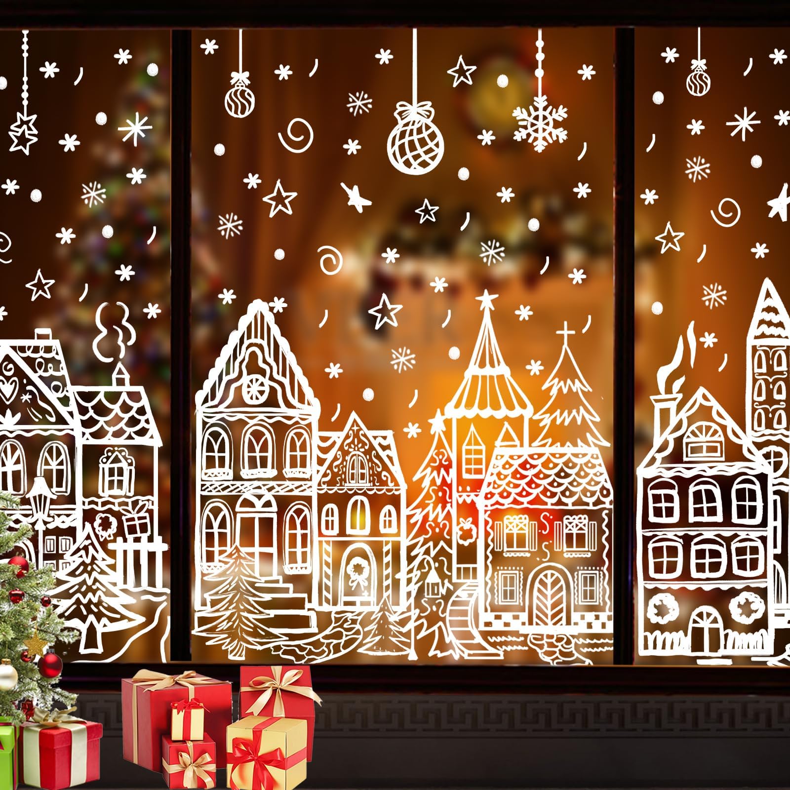JOLCEEY 4 Sheets Christmas Window Stickers, 15 x 27 Inch Christmas Window Clings Decals Xmas Double-Side Snowflake Snowman Window Clings Decorations for Christmas Window Indoor Decorations