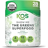 KOS Organic Super Greens Powder Erythritol Free - Plant Based Superfood Blend with Spirulina, Chlorella & Wheatgrass - USDA C