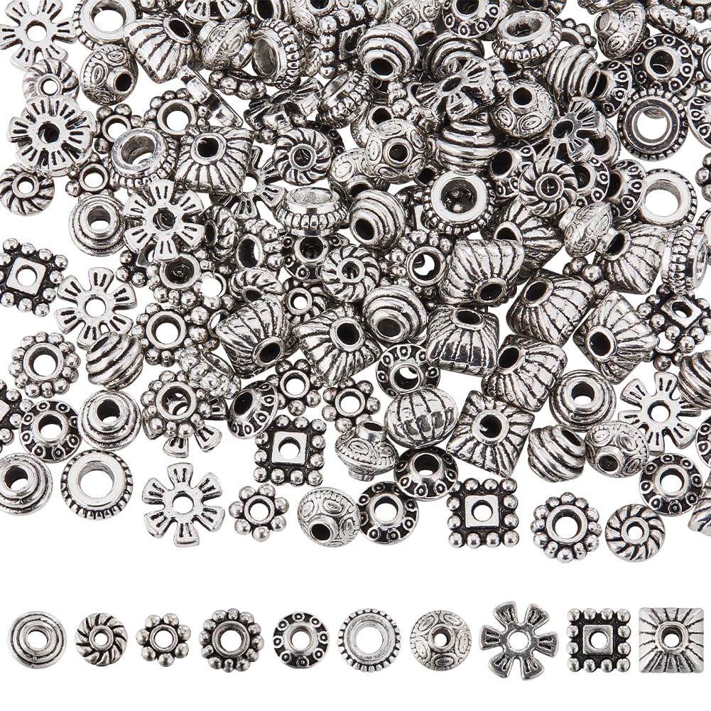 SUNNYCLUE 1 Box 200Pcs 10 Styles Silver Spacer Beads Flat Round Spacer Beads Tibetan Style Alloy Vintage Rondelle Flower Metal Small for Jewellery Making DIY Crafts Necklace Bracelet
