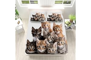 Cat Fitted Sheet Full Size Animal Cute Pet Kitten Bottom Sheet 3D Single Fitted Sheets, Ultra Soft Microfiber Deep Pockets 12