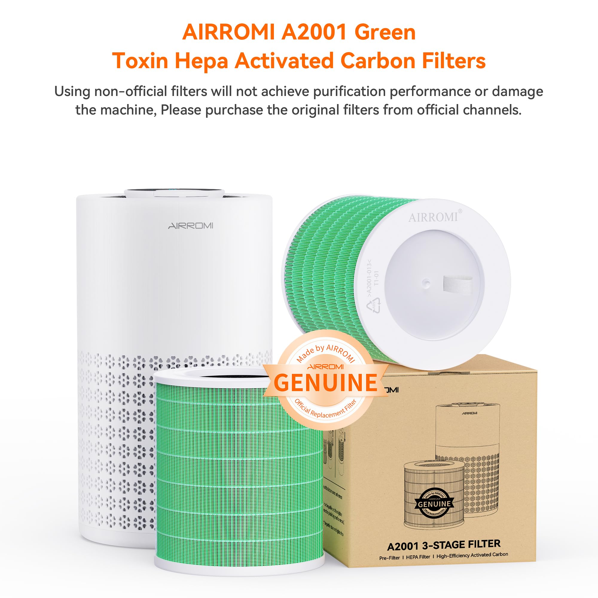 AIRROMI A2001 HEPA Air Purifier Replacement Filter, 3-In-1 Original Filter, Removes 99.97% of 0.3 Micron Particles, Green Activated Carbon Filter - Toxin Absorber Specialty-1 Pack