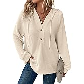 BLENCOT Hoodies for Womens Waffle Knit Button Long Sleeve Drawstring V Neck Casual Pullover Sweatshirts Hooded Blouses