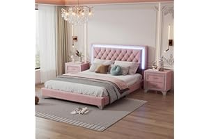 Flieks Bedroom Sets, 3-Pieces Bedroom Sets, Queen Size Upholstered Platform Bed with LED Lights and 2 Nightstands, Pink