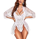 RSLOVE Sexy Womens Lingerie Set - 2 Piece Lace Kimono Robe with Lace Teddy Lingerie Bodysuit Sexy