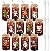 Acellegic 12 Pack Winter Glass Cups Gifts 16 oz Snowflake Glass Tumblers with Lids Straws Brushes Winter Christmas Coffee Cups for Women Men Employee Coworkers Holiday Party Favors (Classic Style)