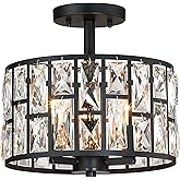 MEXO Farmhouse Crystal Round Semi Flush Mount Close to Ceiling Light Fixture, Drum Shade 3LT Ceiling Lamp for Kitchen Island 