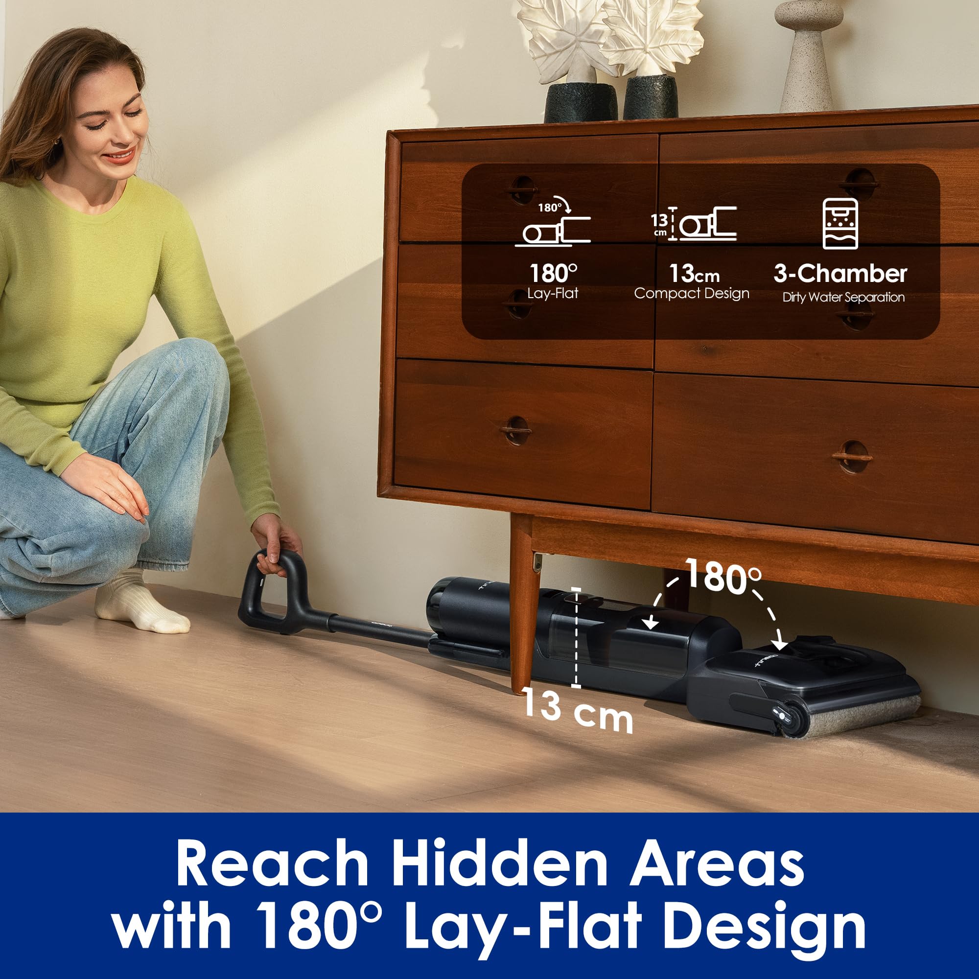 Tineco Floor ONE S7 Stretch Aspiradora en seco y húmedo ultra inalámbrica, diseño antienredos plano de 180 °, tiempo de ejecución de 50 minutos, autolimpieza Flashdry de 185 ℉, limpiador de pisos con limpieza de bordes de doble cara