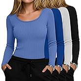Yearntown 4 Pack Women’s Underscrub Shirts, Ribbed Cotton Scrub Tops Long Sleeve Scoop Neck Tees Slim Fit Basic Layer Shirts