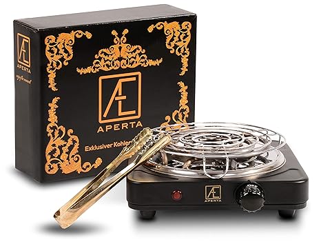 NEU! APERTA Shisha Kohleanzünder elektrisch 1000W + goldene Kohlezange und Kohlegitter aus robustem Edelstahl + stabile Füße 