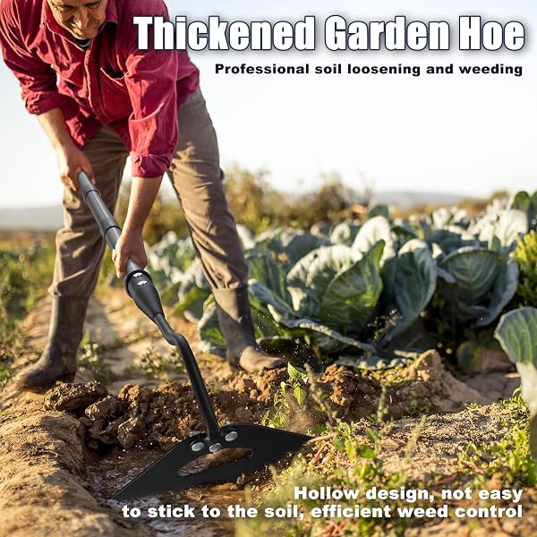 HOE GARDEN TOOL, HOLLOW HOE WITH 55 INCH LONG HANDLE, ADJUSTABLE MANUAL WEEDER HEAVY DUTY GARDEN HOE FOR WEEDING, DIGGING, HOEING, CUTTING AND LOOSING SOIL