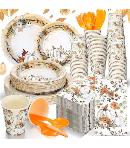Ziliny 350 Pcs Thanksgiving Fall Party Supplies Dinnerware Set Disposable Plates Napkins Paper Cups Plastic Cutlery For Autumn Thanksgiving Harvest Party Decor Serves 50 (Pumpkin Floral) - Retail: $42