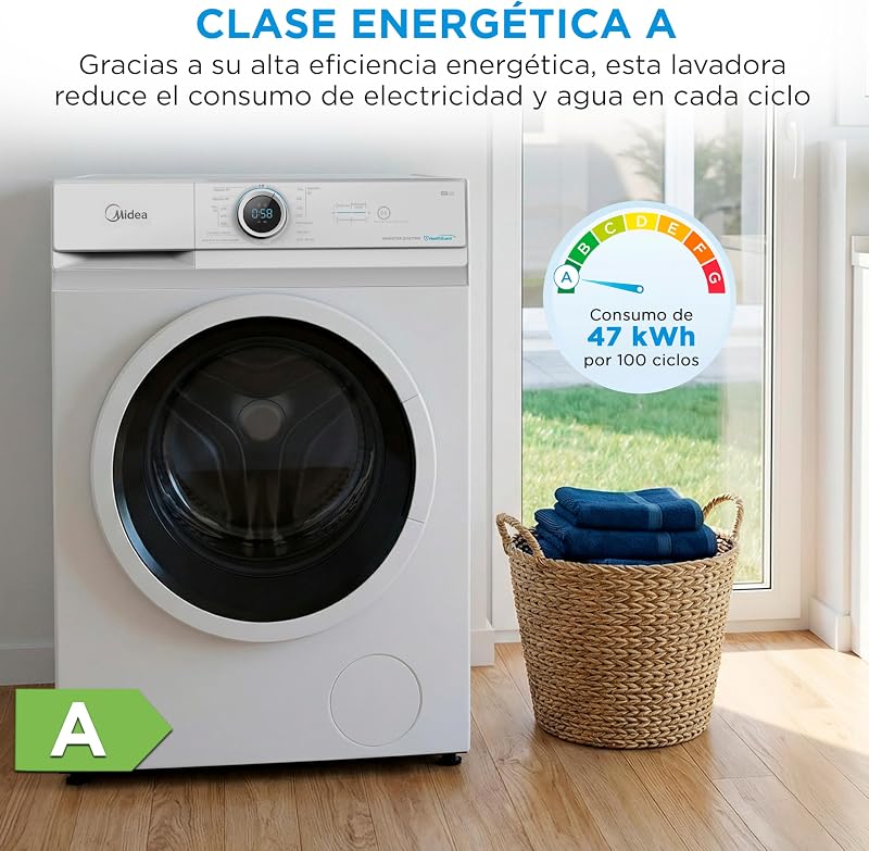 Lavadora 8kg Carga Frontal 1950W, 1350 rpm con Motor Inverter - Lavadoras con 15 Programas y Tecnología Healthguard - Washing Machine Bajo Consumo, Lavado Rápido, Función Vapor y Modo Eco