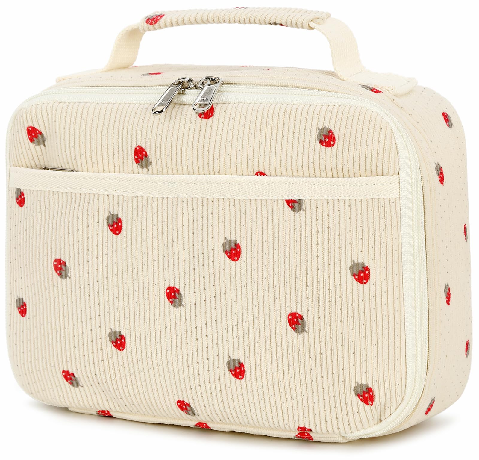 Photo 1 of (USED/FAIR) Bluboon Insulated Lunch Bag for Girls & Boys, Corduroy School Lunch Box with Cooler & Organizer Compartments, Leak-Proof Lunch Tote for School, Travel (Corduroy Strawberries Beige)