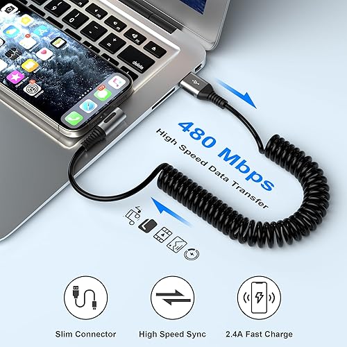 90 Degree Coiled Lightning Cable, Pack iPhone Charger Cable for Apple  Carplay [MFi Certified], USB Fast Char