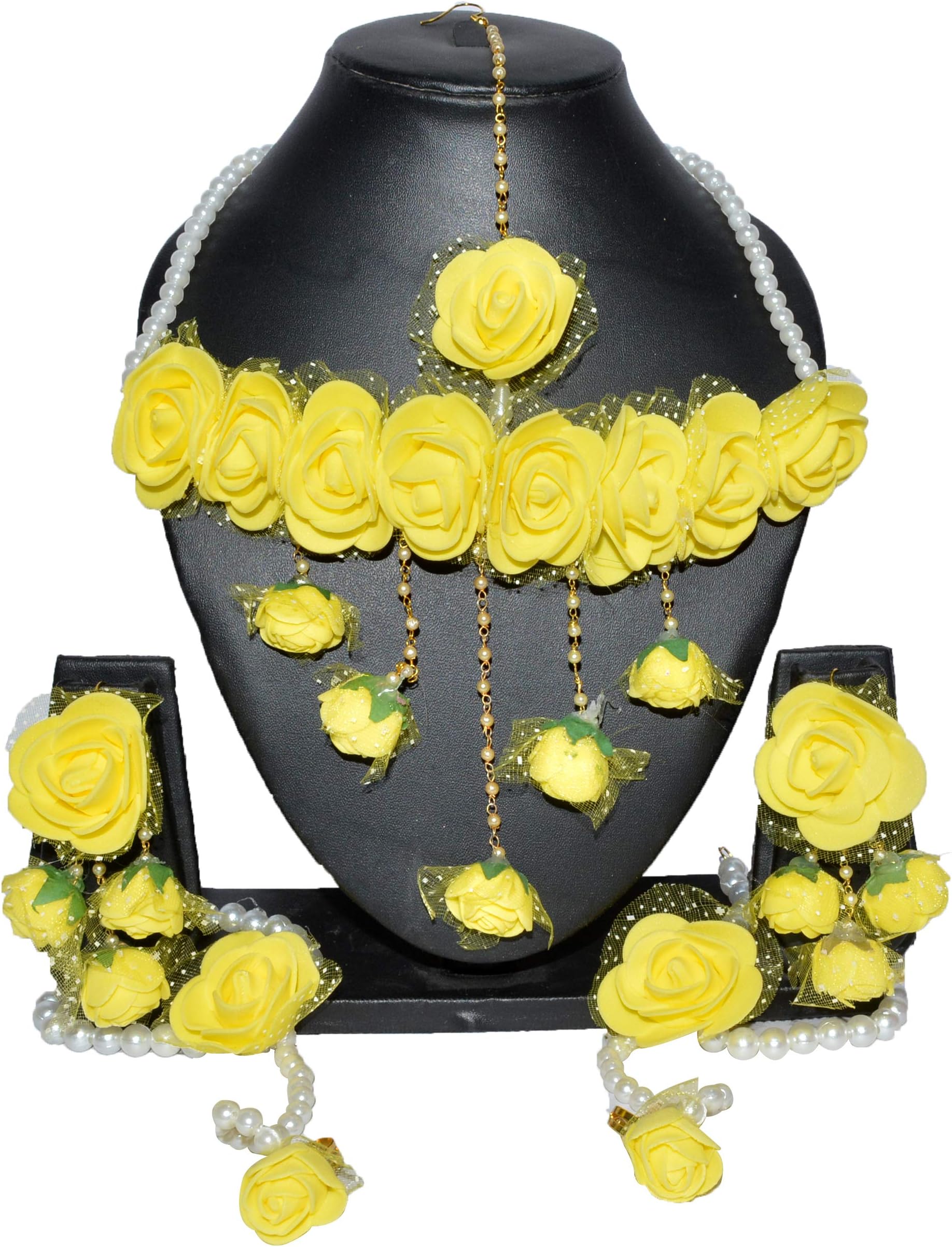 Shivi Jewels Non-precious Metal and Necklace & Earrings & Bracelet And Maang Tika for Women & Girls (Yellow)