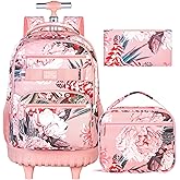 ZLYERT 3Pcs Rolling Backpack for Girls Women, Travel Roller Backpacks with Wheels for Adults, Teens College Folwer Wheeled Bookbag with Lunch Box(Pink)