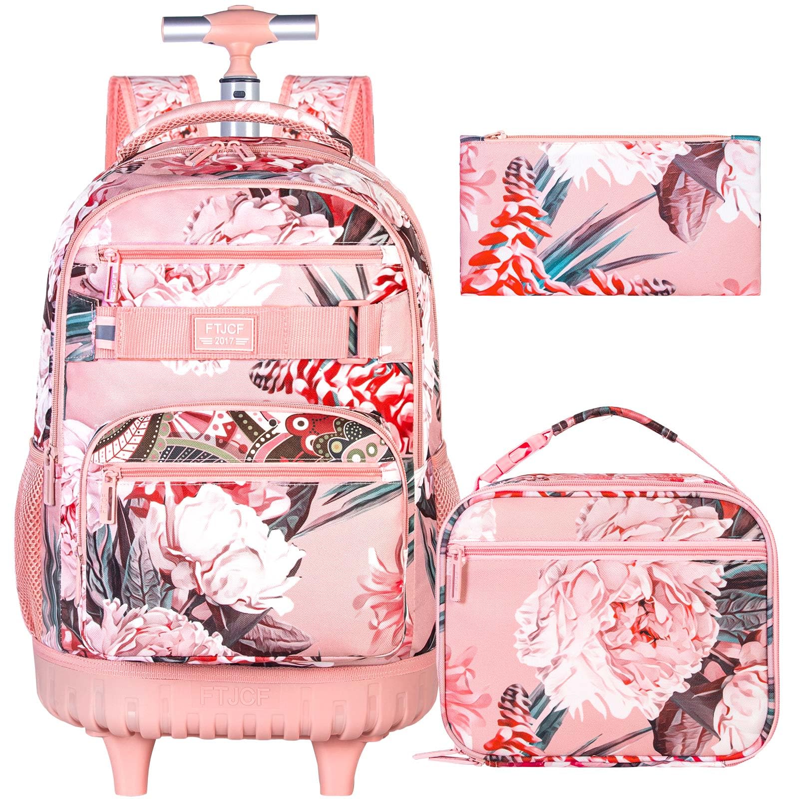Photo 1 of ZLYERT 3Pcs Rolling Backpack for Girls Women, Travel Roller Backpacks with Wheels for Adults, Teens College Folwer Wheeled Bookbag with Lunch Box(Pink)