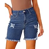 luvamia Jean Shorts for Women High Waisted Trendy Casual Distressed Stretchy Denim Long Shorts Ripped Raw Hem Shorts
