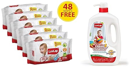 Lula Paraben Free Baby Wet Wipes with Aloe Vera - 6 Packs (432 Wipes + 48 Wipes Free) & Anti-Bacterial Baby Bottles Accessories and Vegetable Liquid Cleanser, 1000ml Combo