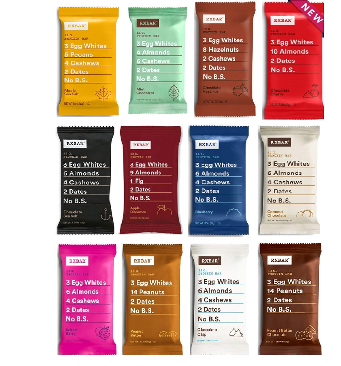 RXBAR Real Food Protein Bar, Variety Pack, Gluten-free, 1.83 oz, (Variety, 12 Count)