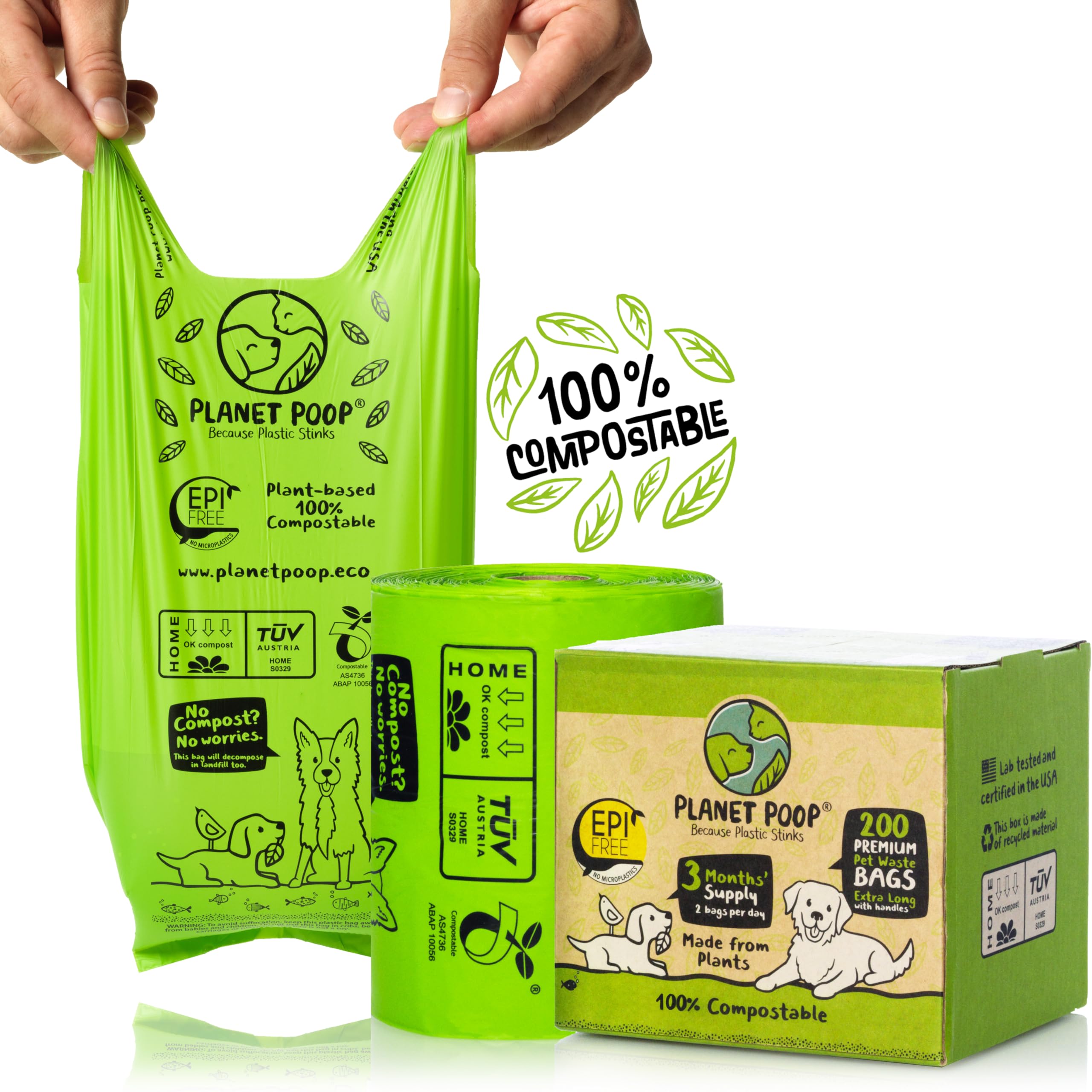 PLANET POOP Compostable Poo Bags Extra Long with Handles | Large Single Roll 200 Grab & Go | Biodegradable Un-scented Dog Waste Bag | Leakproof Doggy & Cat Bags | Plant-Based Eco-Friendly Pet Supplies