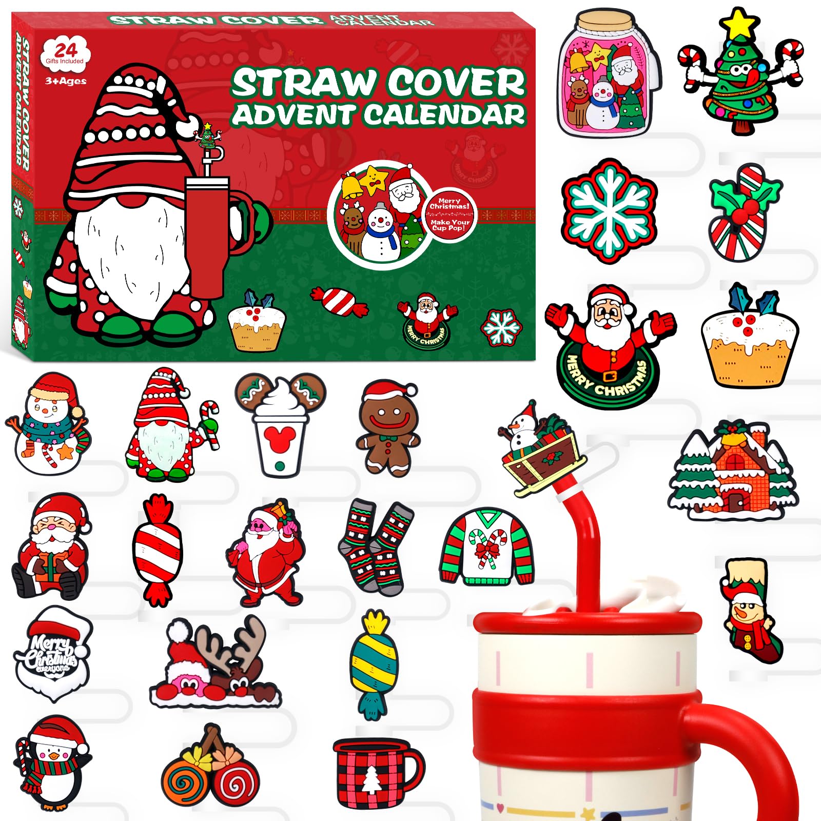 Photo 1 of Advent Calendar 2025 with 10mm Straw Toppers, Christmas Countdown Calendar with 24 Pcs Straw Covers, Xmas Funny Gift for Cup 30oz 40oz Tumbler Kids Teens Adults