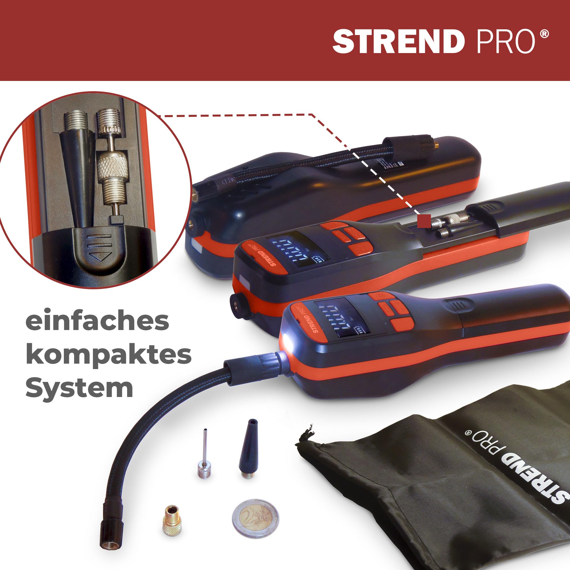 STREND PRO Mini Kompressor 10Bar | Akku Luftpumpe Auto 150PSI | LED | AUTOSTOP | Mobiler Mehrzweckkompressor - Fahrrad Pumpe, Autoreifen Akku Kompressor tragbar, Elektrische Ballpumpe | Luftkompressor 3