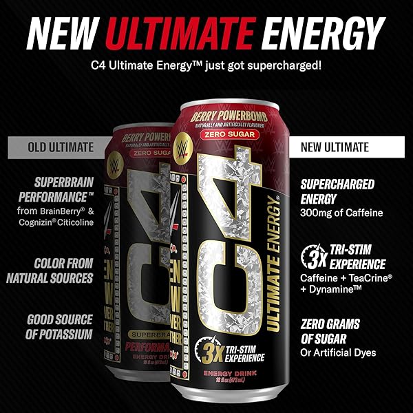CELLUCOR C4 ULTIMATE X WWE | PRE WORKOUT SUGAR FREE ENERGY DRINK | TRI-STIM EXPERIENCE WITH 300MG CAFFEINE + TEACRINE + DYNAMINE | BERRY POWERBOMB | 16OZ (PACK OF 12)