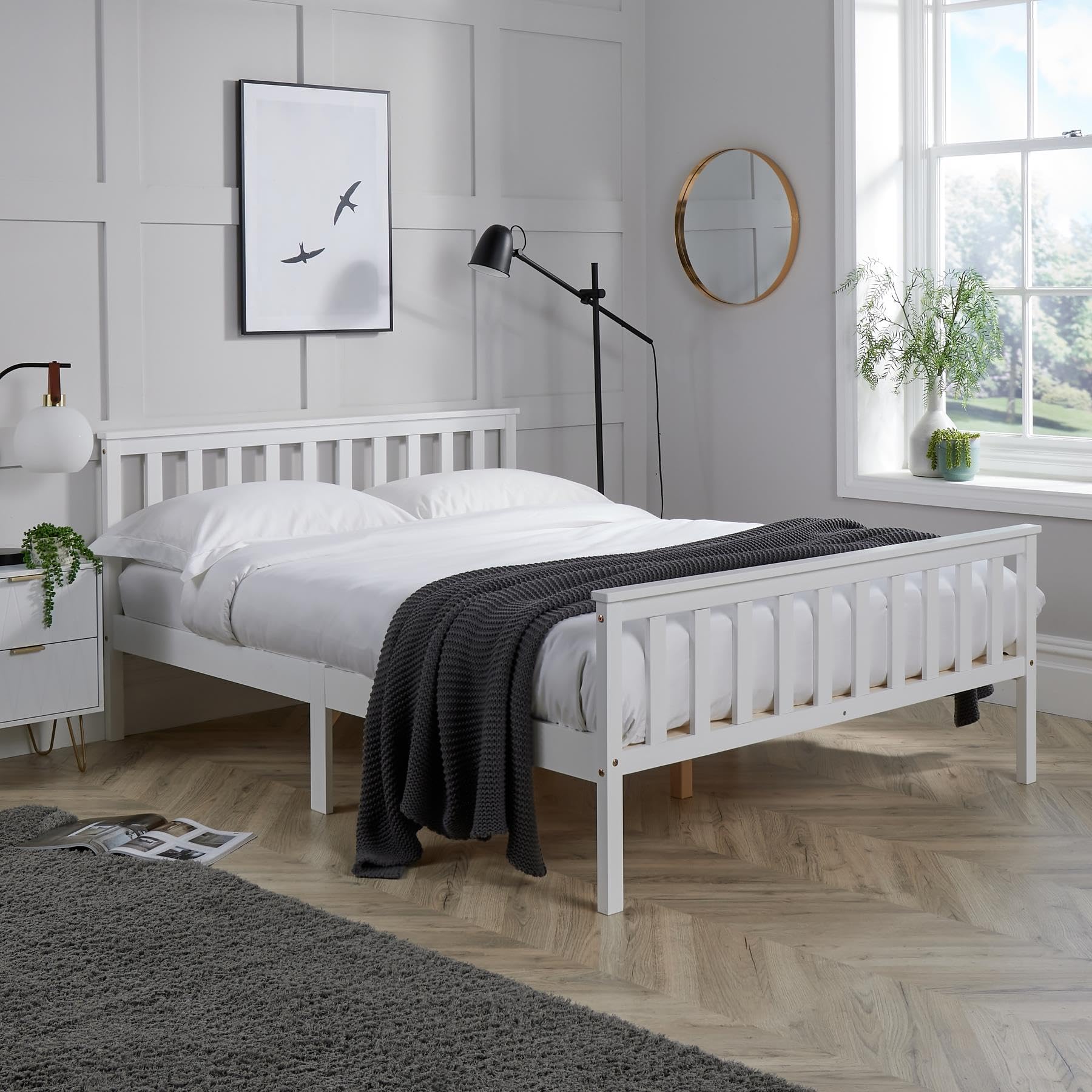 Home Source Florida Solid Wood Shaker Bed Frame, Natural Wood, White, 4ft 6in Double