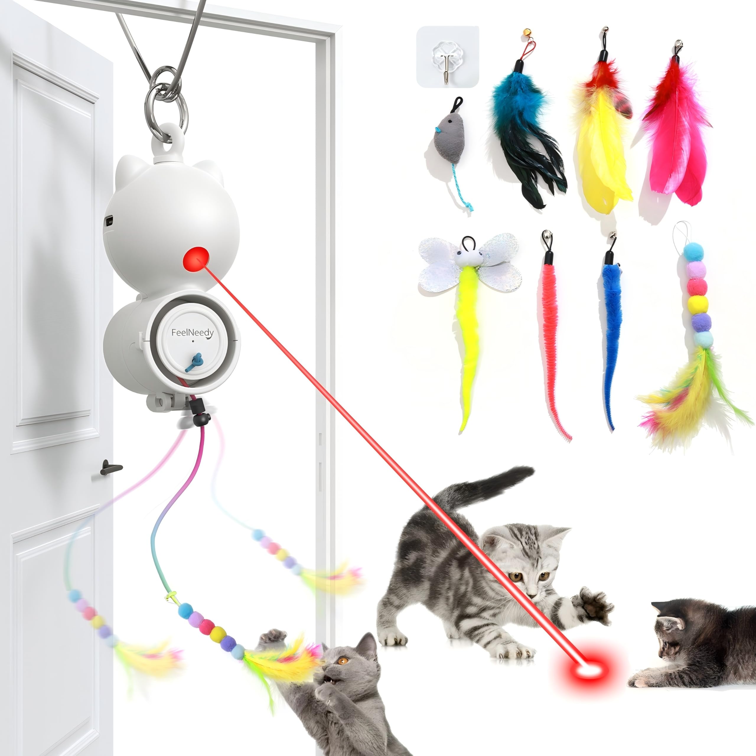 猫おもちゃ 猫玩具一人遊び 2in1電動猫じゃらし LEDライト FEELNEEDY 猫おもちゃ自動 USB充電式 羽/昆虫/鳥毛/ネズミ 8本セット ネコ おもちゃ 人気 お留守番に 運動不足解消 狩猟本能を刺激 ぶら下げる 猫ちゃんへのプレゼント 粘着フック付き の商品画像