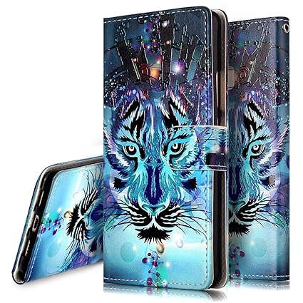 Ukayfe Kompatibel mit Hülle Huawei P9 Lite Kunstleder Wallet Case Handy Tasche Schutzhülle PU Leder Brieftasche Etui Blau Wolf Muster Flip Cover Wallet Hardcase im Bookstyle Klapphülle Flip Case