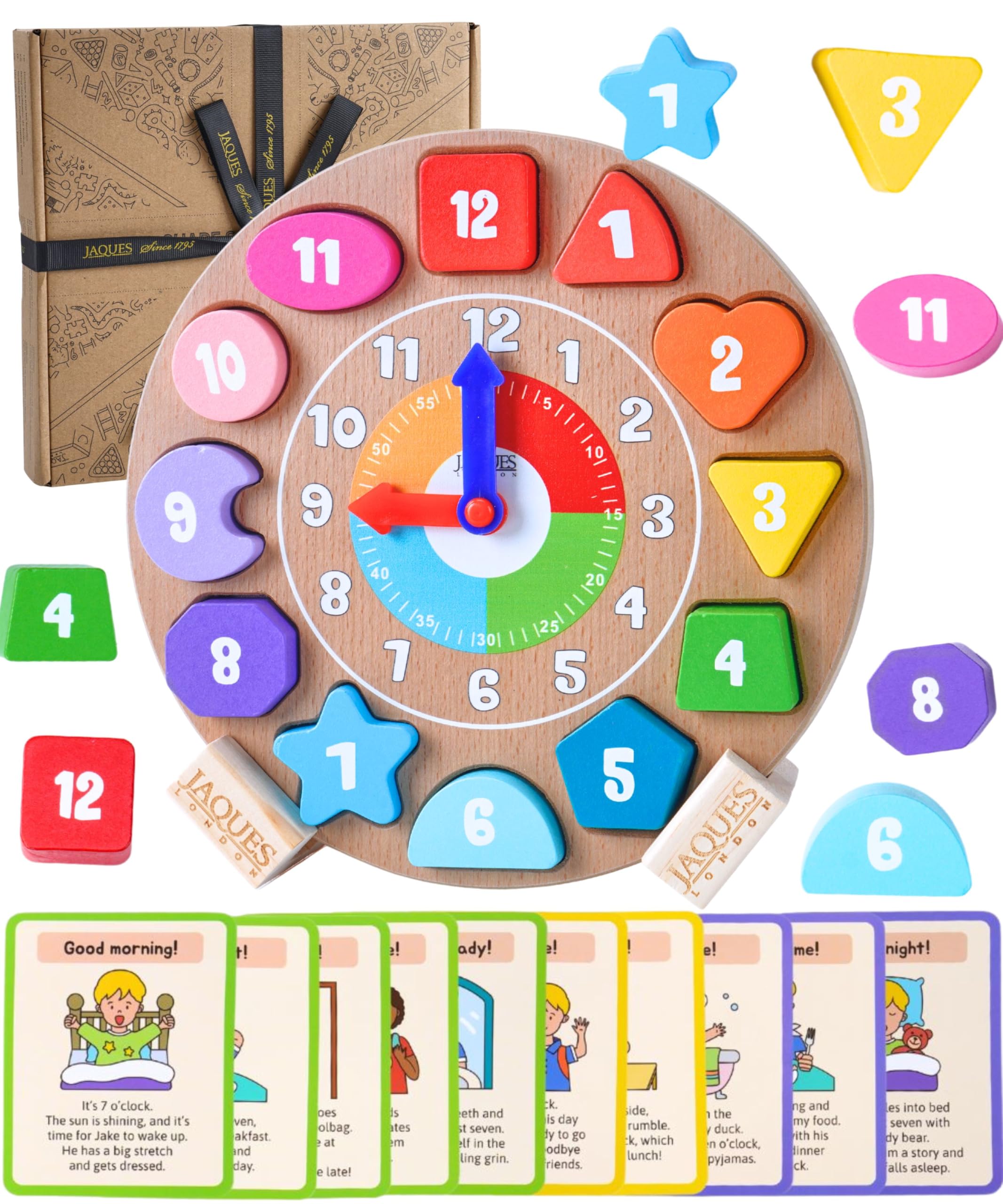 Jaques of London Wooden Kids Learning Clock with Daily Routine Cards | Montessori Toys Teaching Clock for Toddlers & Preschoolers | Since 1795