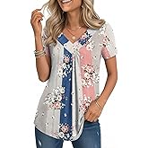Zeagoo V Neck Short Sleeve Shirts for Women Dressy Casual Blouses Pleated Summer Tunic Tops
