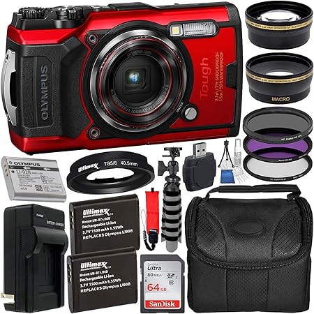 Cámara Digital Olympus Tough TG-6 con Paquete de Accesorios, Incluye: Tarjeta de Memoria SanDisk Ultra 64 GB SDXC + 2 baterías de Repuesto con ...