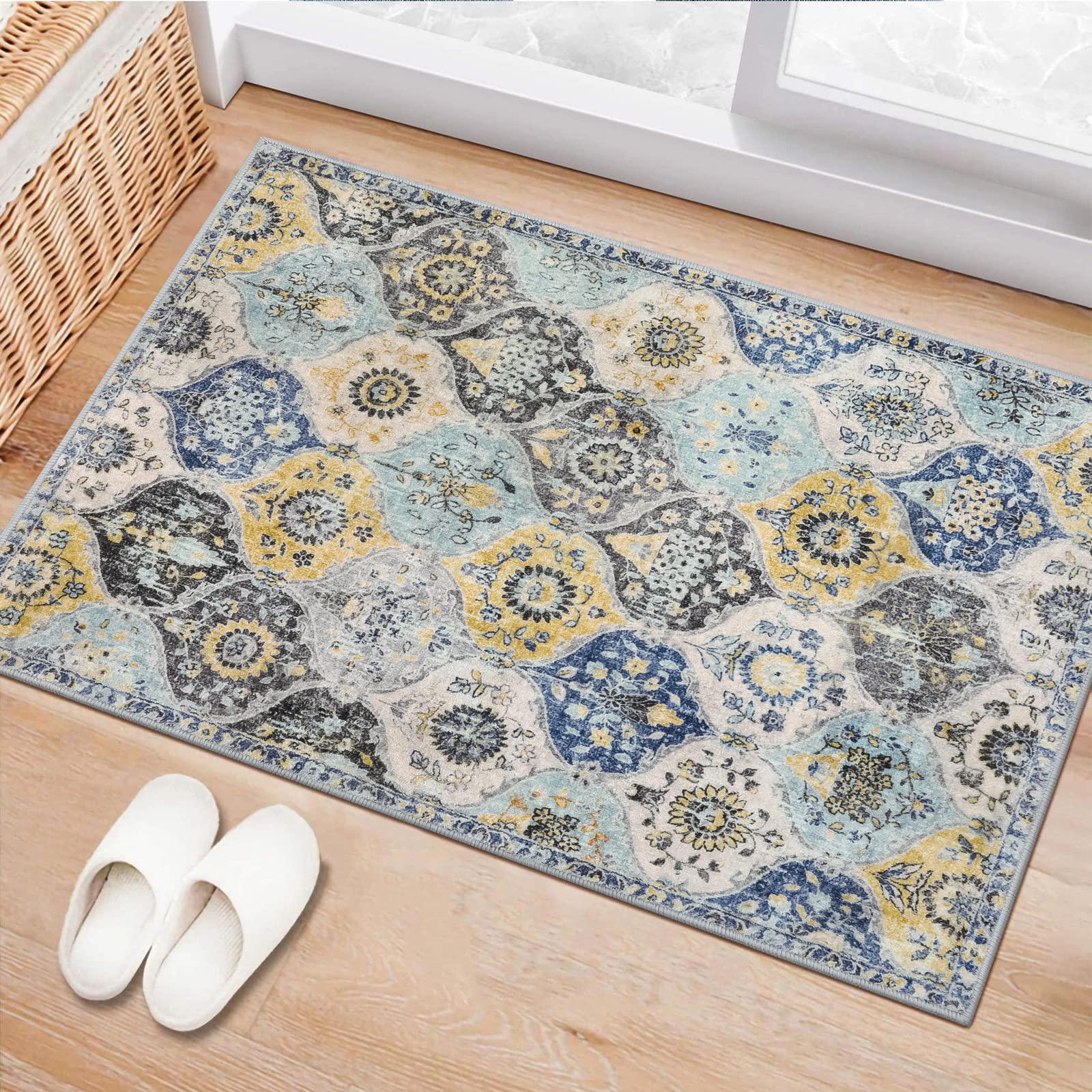 Photo 1 of Lahome Moroccan Trellis Kitchen Rugs Non Slip Washable, 2x3 Rugs for Entryway Bathroom, Non-Slip Indoor Door Mat Ultra-Thin, Small Oriental Throw Carpet for Bedroom Entry, Yellow/Aqua