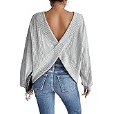 SweatyRocks Women's Criss Cross Round Neck Pullover Sweaters Long Sleeve Loose Cut Out Back Knit Tee Tops Backless Shirts