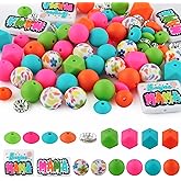 Kovict 82Pcs 12mm 14mm 15mm Silicone Beads for Keychain Making, 10mm Rondelle Rhinestone Spacer Print Hexagon Round Pink Green Orange Turquoise Mama Silicone Focal Beads for Pens