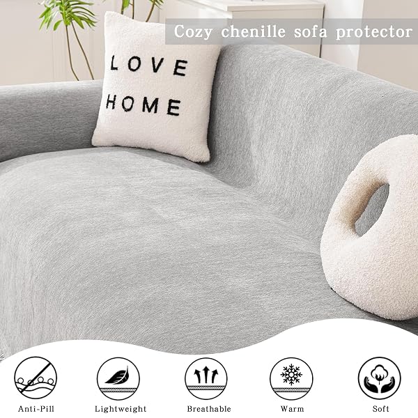 DREDECOR CHENILLE COUCH COVER FOR 2 CUSHION SOFA, WASHABLE DOG SOFA SLIPCOVER, SOFT DURABLE LARGE SOFA COVER WITH TASSEL, WHITE, 91″ X 110″